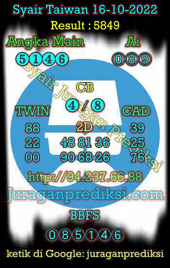 Prediksi Syair Taiwan 16 Oktober 2022. Berikut ini adalah prediksi Taiwan, Angka keluar taiwan, Toto Jitu Taiwan dan Syair jitu Taiwan malam ini Minggu 16 Oktober 2022